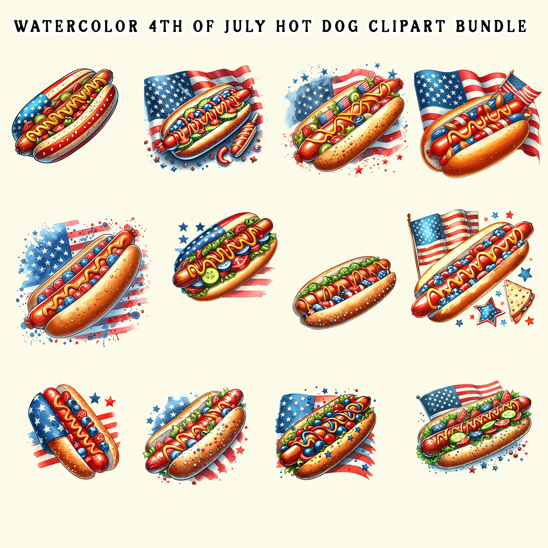 Watercolor 4th of July Hot Dog Clipart Bundle preview image.