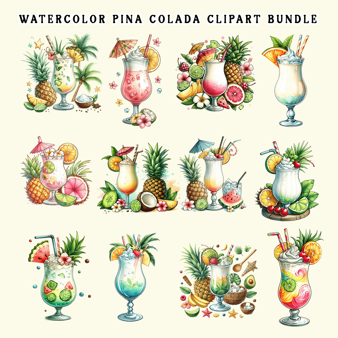 Watercolor Pina Colada Clipart Bundle preview image.