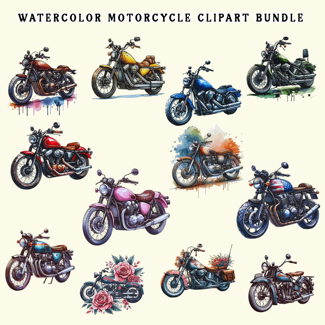 Watercolor Motorcycle Clipart Bundle preview image.