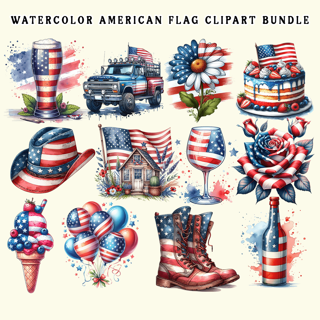 Watercolor American Flag Clipart Bundle preview image.