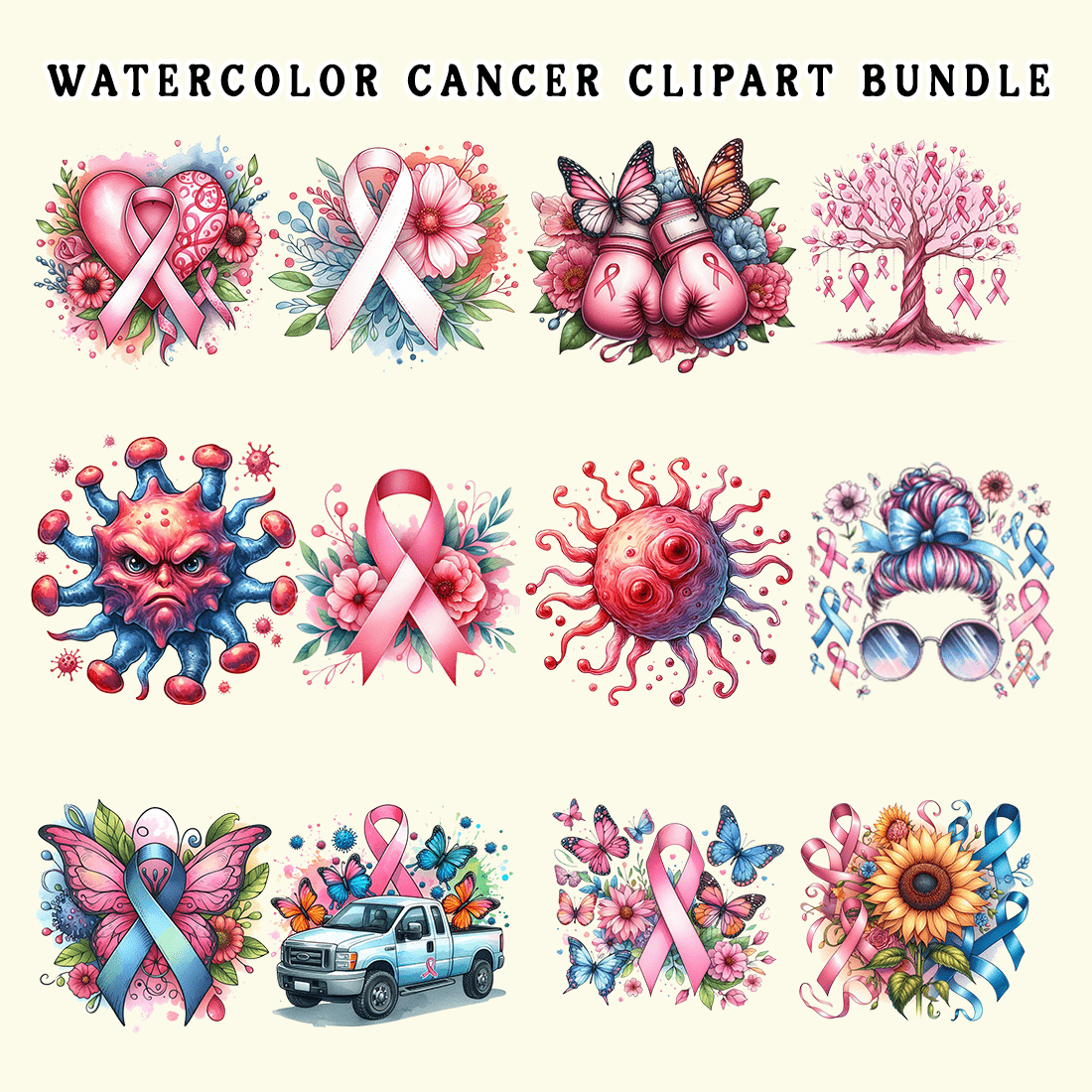 Watercolor Cancer Clipart Bundle preview image.