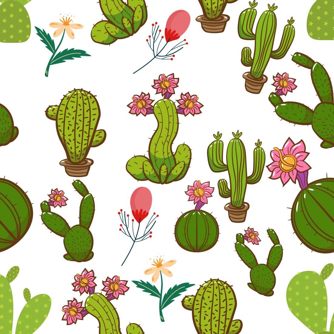 Pattern Design in Cactus with Flowers preview image.