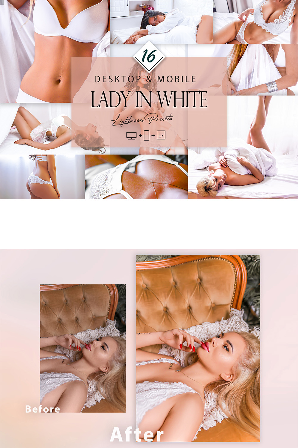 16 Lady In White Lightroom Presets, Skin Tone Preset, Trendy Desktop LR Filter, DNG Portrait Lifestyle, Top Theme, Blogger Instagram pinterest preview image.