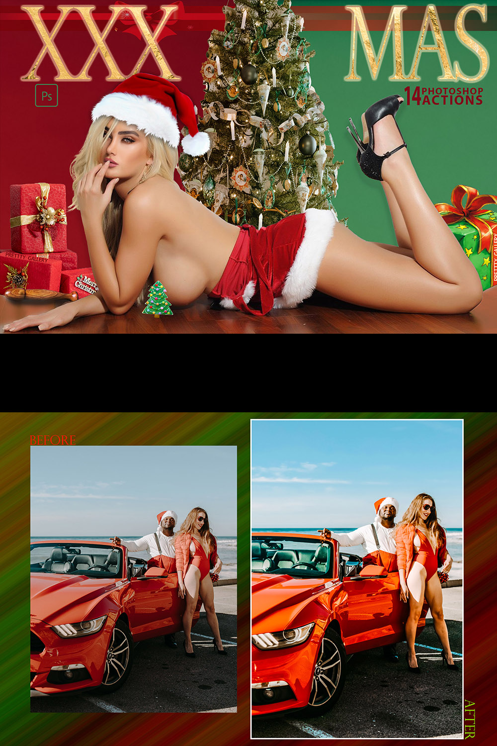 14 XXX MAS Photoshop Actions, Sexy Red Green Christmas ACR Preset, Nude Woman Xmas Filter, Theme For Instagram, Blogger, Portrait Retouch pinterest preview image.