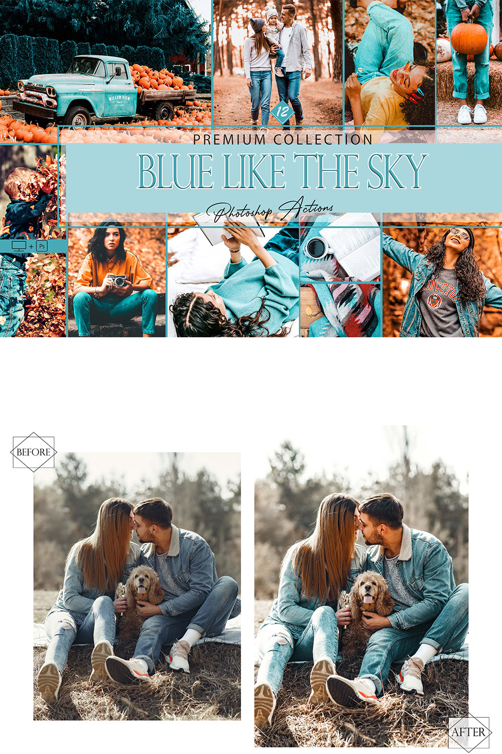 12 Photoshop Actions, Blue Like The Sky Ps Action, Autumn ACR Preset, Saturation Filter, Lifestyle Theme For Instagram,Top Theme, Fall Blogger pinterest preview image.