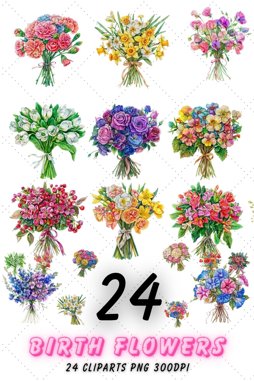 Birth Flower bouquet PNG Birth month Clipart Watercolor & Vintage style birth month flowers clipart illustration Birthday flower Print DIY pinterest preview image.