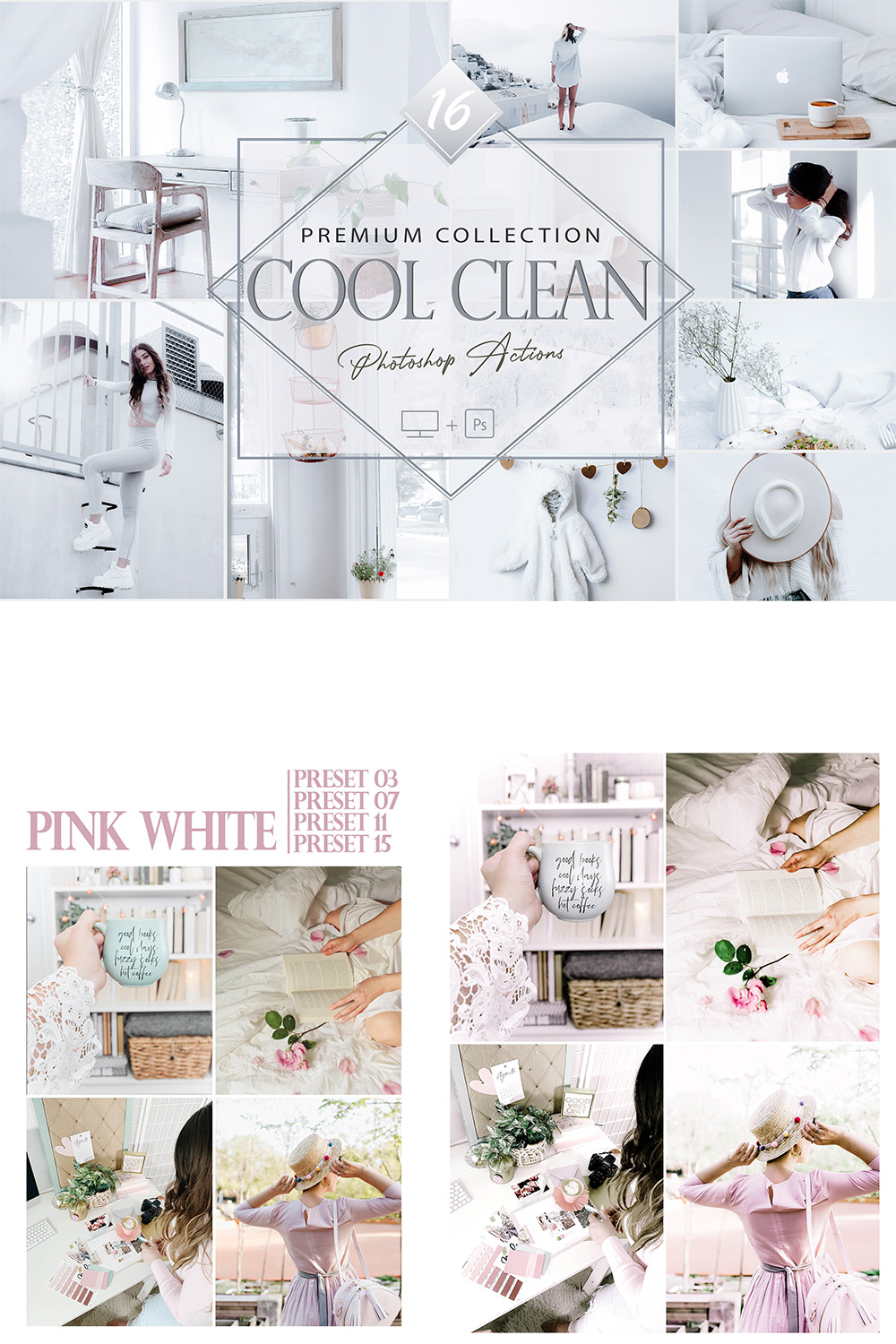 16 Cool Clean Photoshop Actions, Bright ACR Preset, White Ps Filter, Portrait And Lifestyle Theme For Instagram, Blogger, Outdoor pinterest preview image.