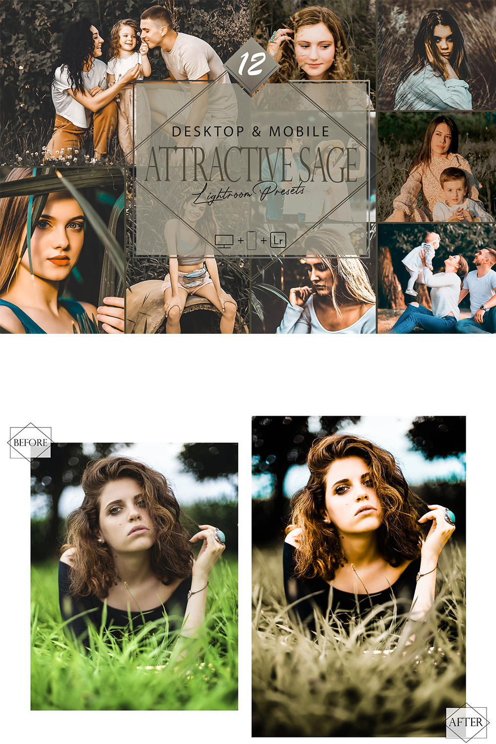 12 Attractive Sage Lightroom Presets, Spring Presets, Bright Desktop LR Filter, DNG Portrait Lifestyle, Top Theme, Valentine Blogger Instagram pinterest preview image.