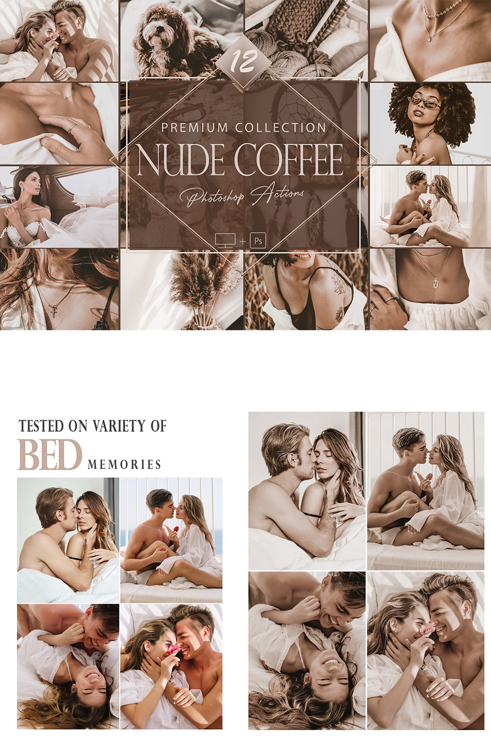 12 Nude Coffee Photoshop Actions, Moody Brownie ACR Preset, Brown Ps Filter, Portrait And Lifestyle Theme For Instagram, Blogger, Outdoor pinterest preview image.