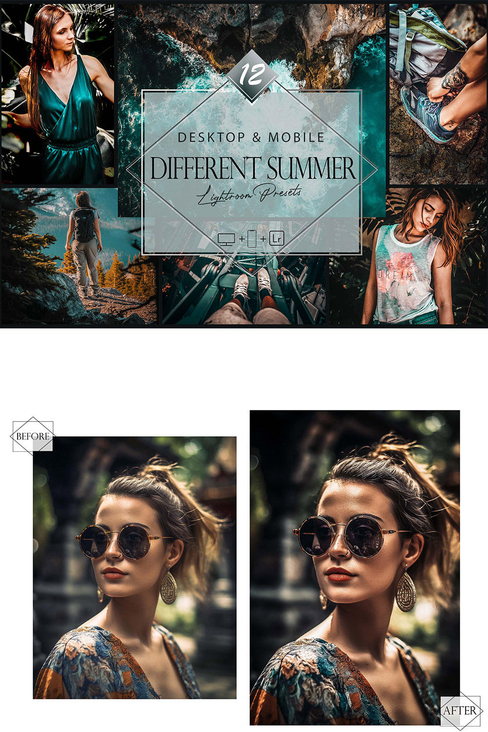 12 Different Summer Lightroom Presets, Moody Preset, Blue Desktop LR Filter, DNG Portrait Lifestyle, Top Theme, Dark Blogger Instagram pinterest preview image.