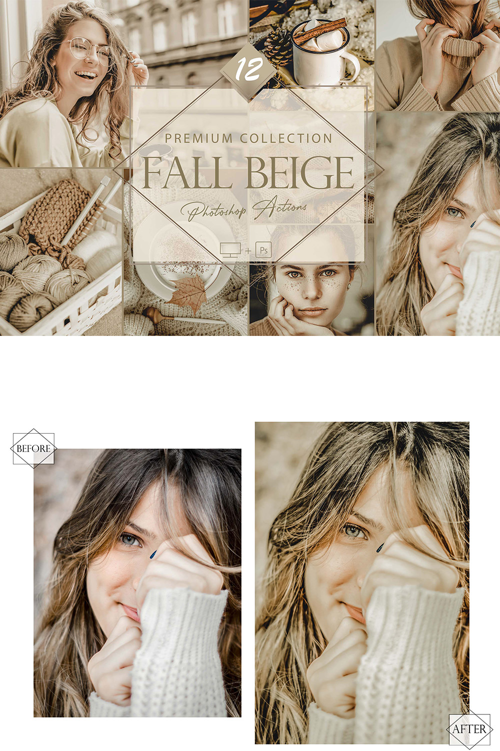 12 Fall Beige Photoshop Actions, Autumn ACR Preset, Moody Ps Filter, Portrait And Lifestyle Theme For Instagram, Blogger, Outdoor pinterest preview image.