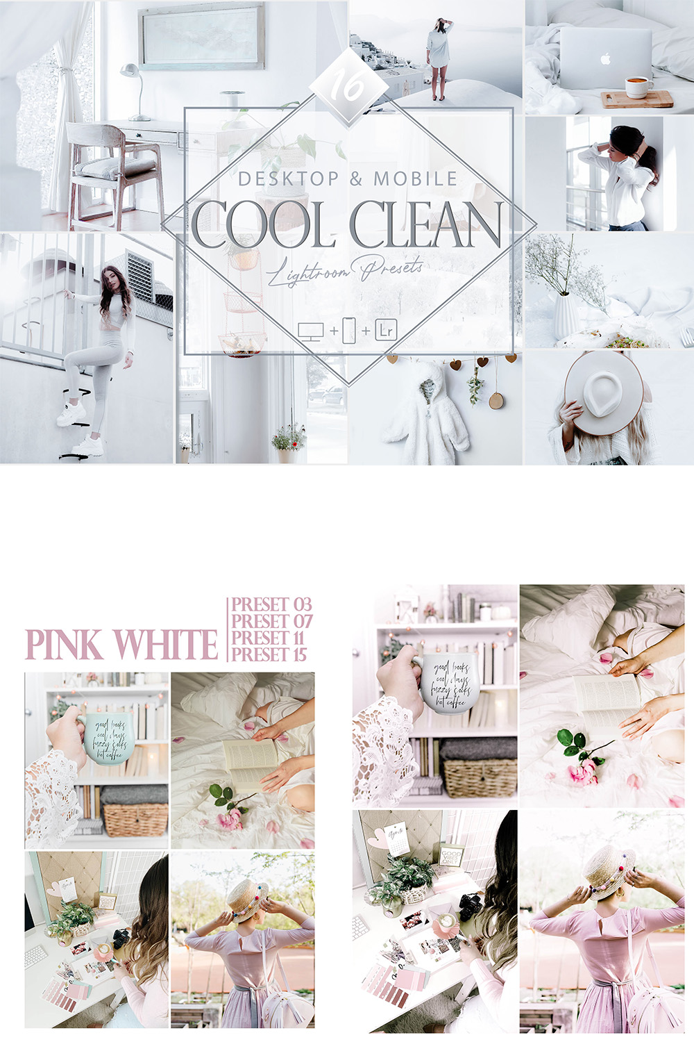 16 Cool Clean Lightroom Presets, White Preset, Bright Desktop LR Filter DNG Portrait Lifestyle Top Theme Blogger Instagram pinterest preview image.