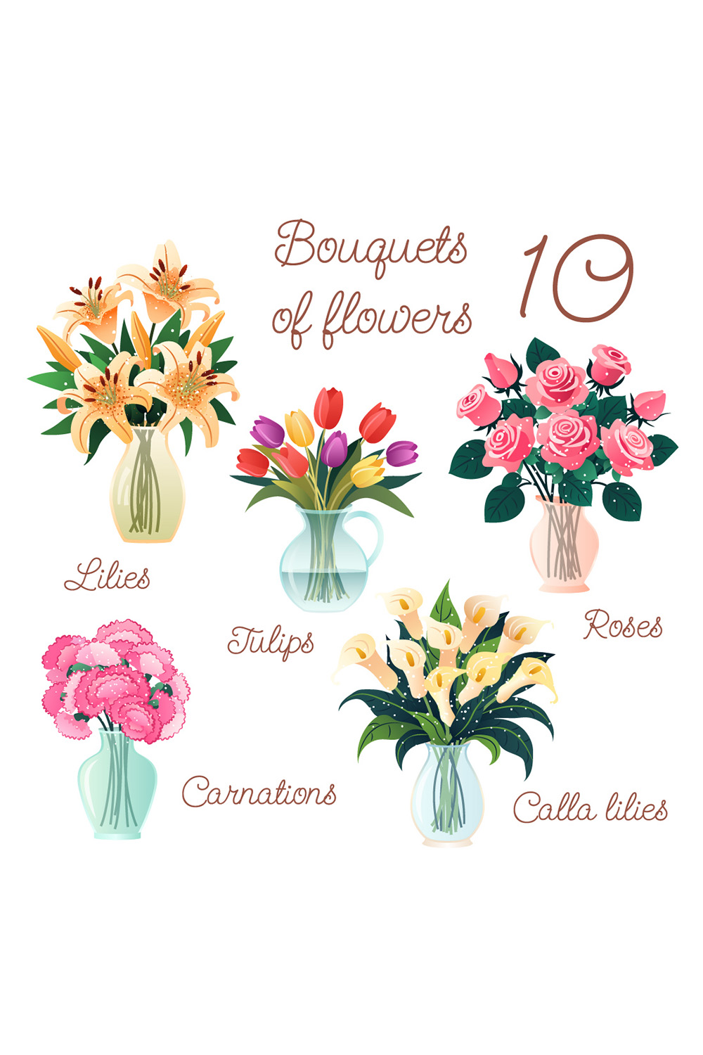 10 Cartoon Flower Bouquets Vector Set pinterest preview image.