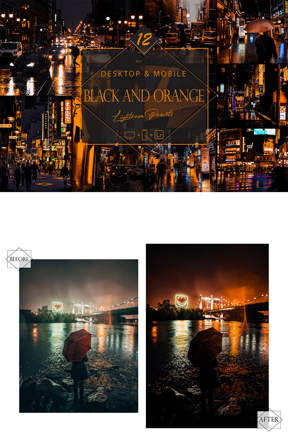 12 Black And Orange Lightroom Presets, Urban Mobile Preset, City Desktop LR Filter DNG Portrait Lifestyle Theme Moody Blogger Instagram pinterest preview image.