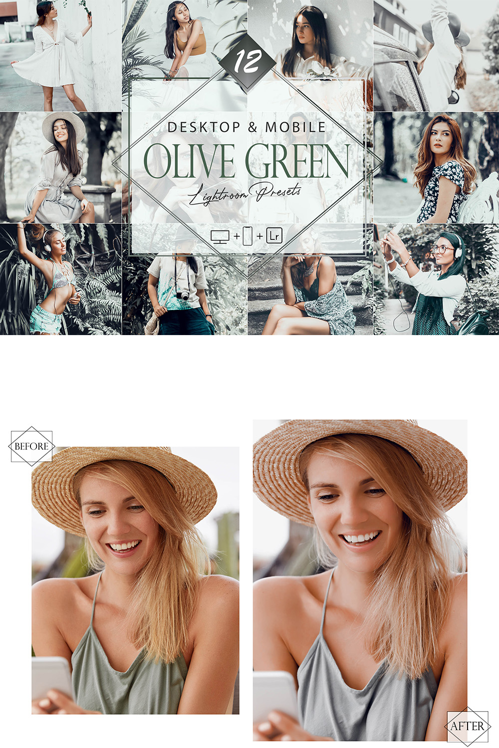 12 Photoshop Actions, Olive Green Ps Action, Nature ACR Preset, Avocado Airy Filter, Lifestyle Theme For Instagram, Coastline Offshore, Bronze portrait pinterest preview image.