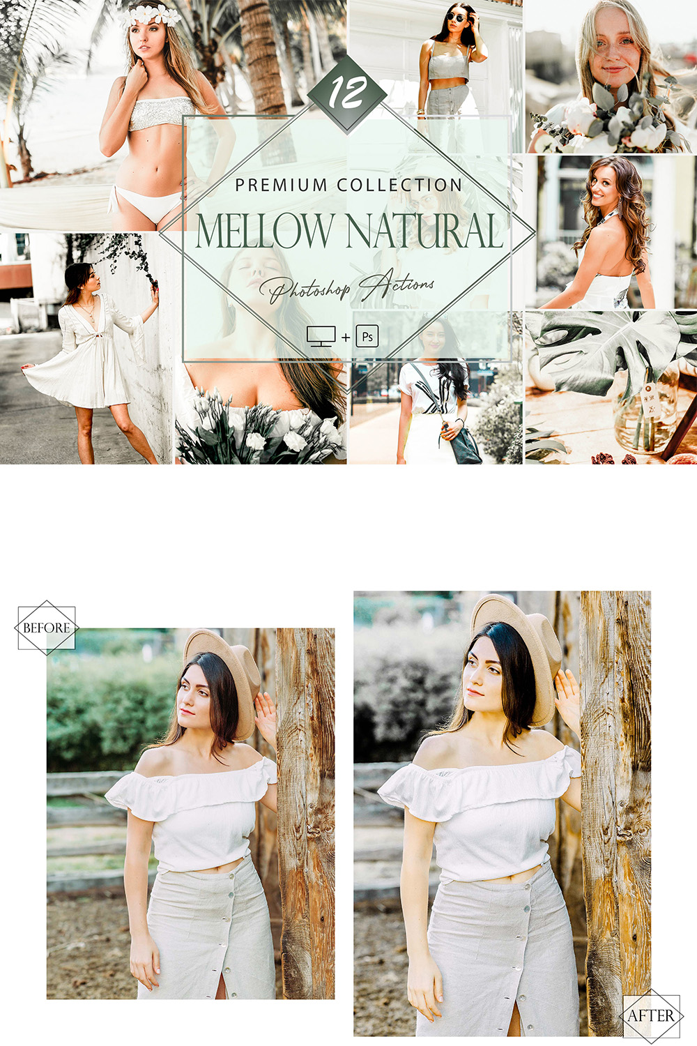 12 Photoshop Actions, Mellow Natural Ps Action, Green Landscape ACR Preset, Moody Filter, monotone And Lifestyle Theme For Instagram, Blogger, cozy Outdoor pinterest preview image.
