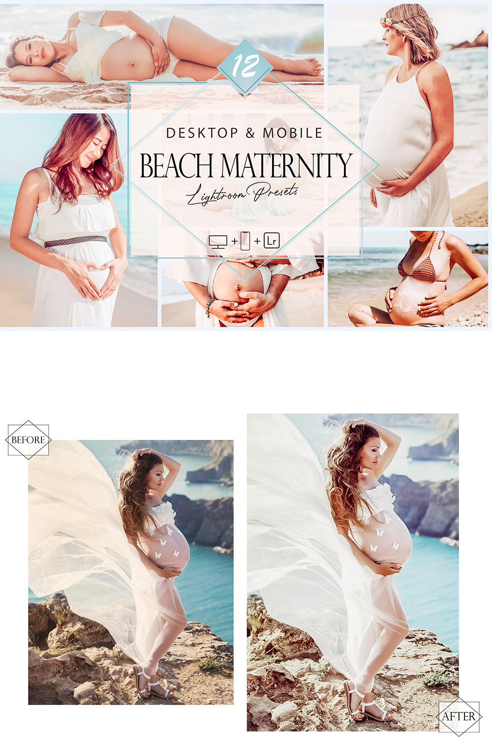 12 Beach Maternity Lightroom Presets, Bright Preset, Pregnancy Desktop LR Filter, DNG Portrait Lifestyle, Top Theme, Spring Blogger Instagram pinterest preview image.