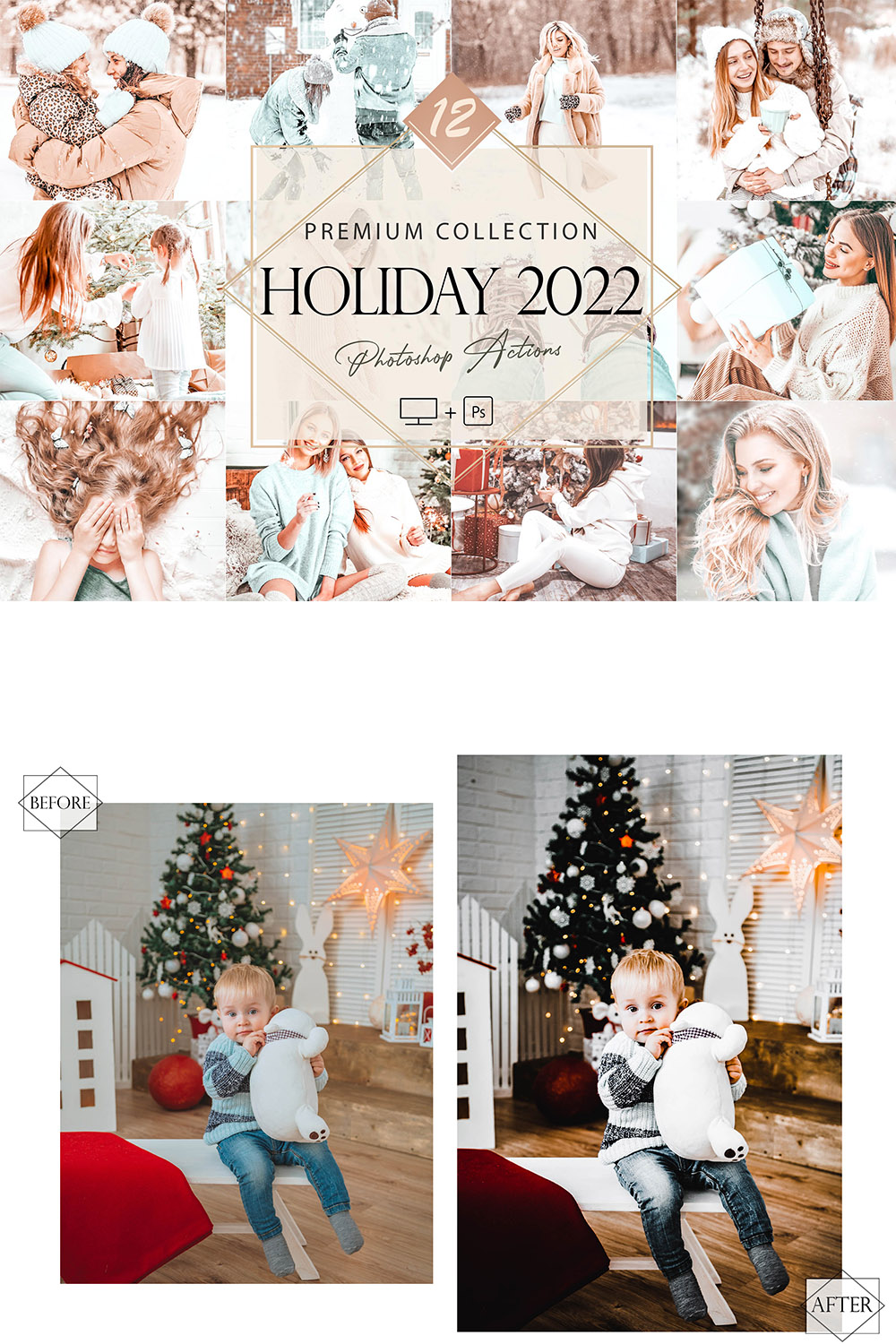 12 Holiday 2022 Photoshop Actions, Winter ACR Preset, Christmas Ps Filter, Portrait And Lifestyle Theme For Instagram, Blogger, Autumn Outdoor pinterest preview image.