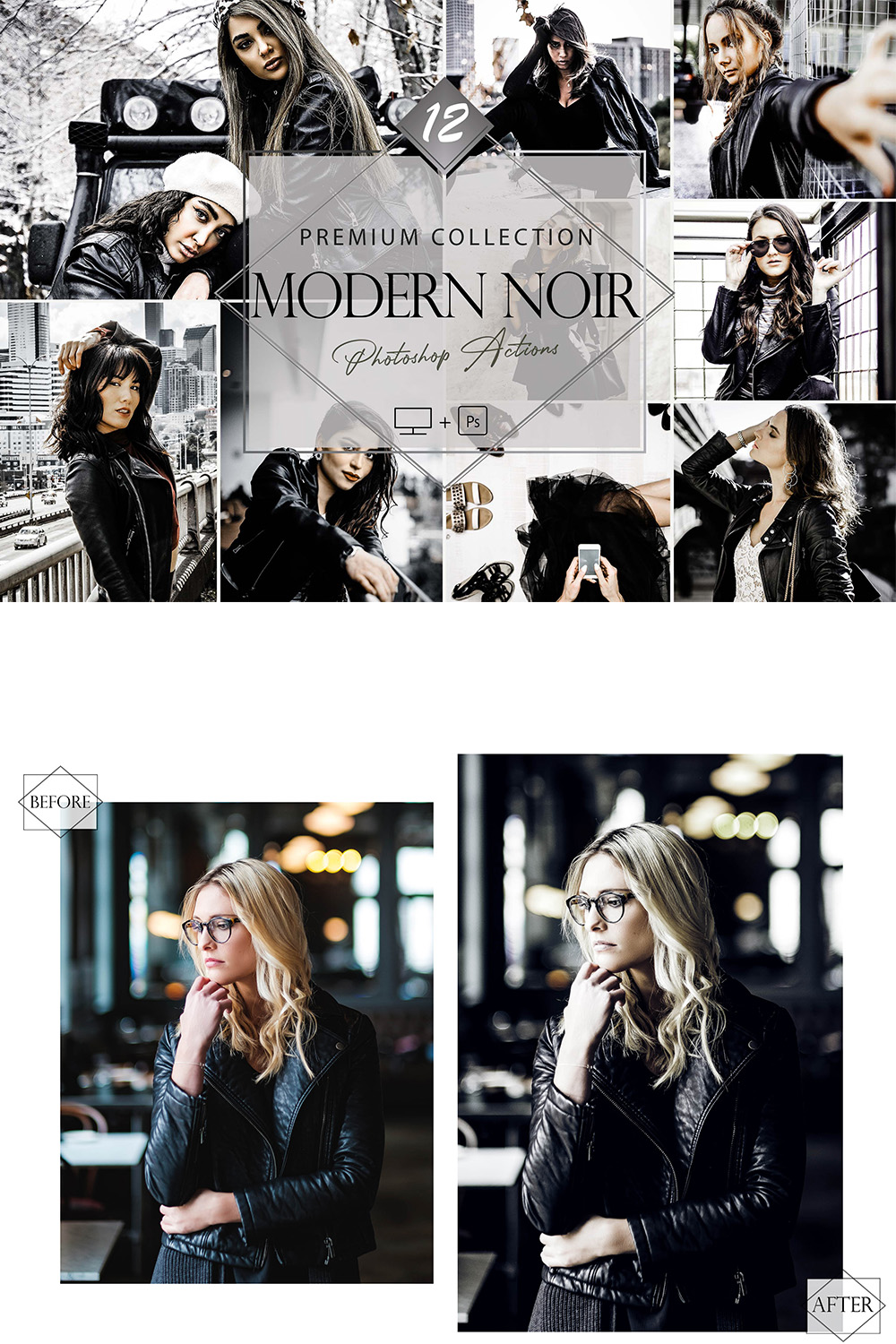 12 Modern Noir Photoshop Actions, Winter Fashion ACR Preset, Monochromatic Ps Filter, Portrait And Lifestyle Theme For Instagram, Blogger, Autumn Outdoor pinterest preview image.