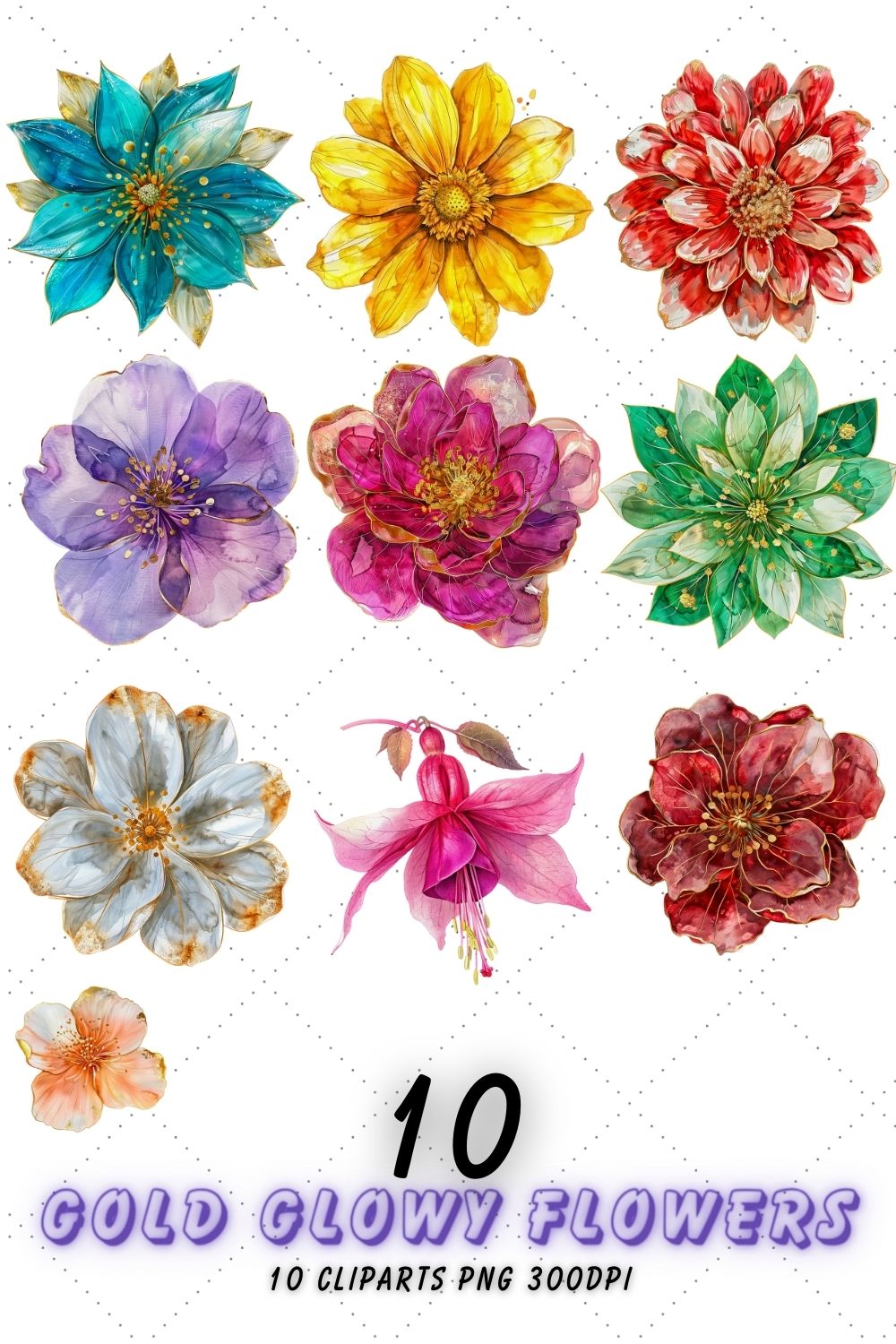 Gold Glowy Flowers Clipart, Flower PNG, watercolor flowers pinterest preview image.