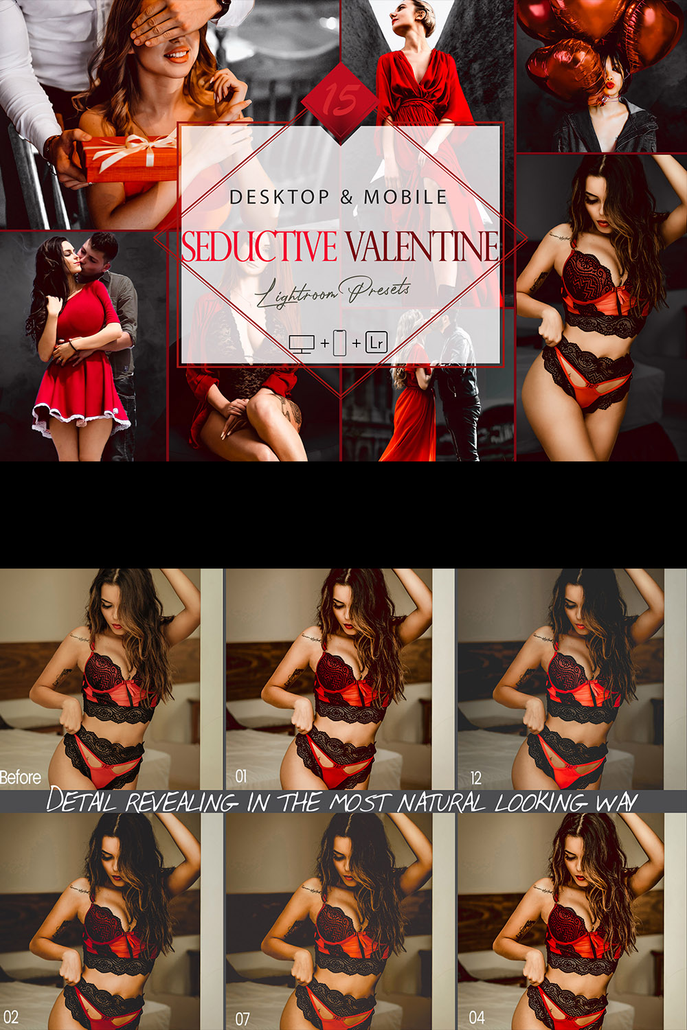 12 Seductive Valentine Lightroom Presets, Love Mobile Preset, Lovely Red Desktop LR Filter DNG Artist Movie Theme Blogger Instagram pinterest preview image.