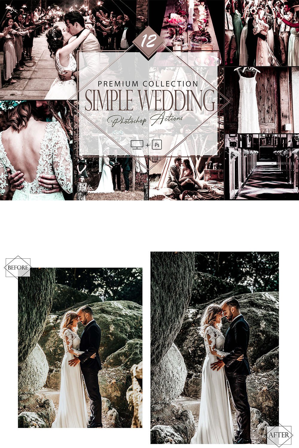 12 Simple Wedding Photoshop Action, Engagement Mobile Preset, Moody Rustic Desktop LR Filter DNG Portrait Lifestyle Theme Blogger Instagram Hue pinterest preview image.