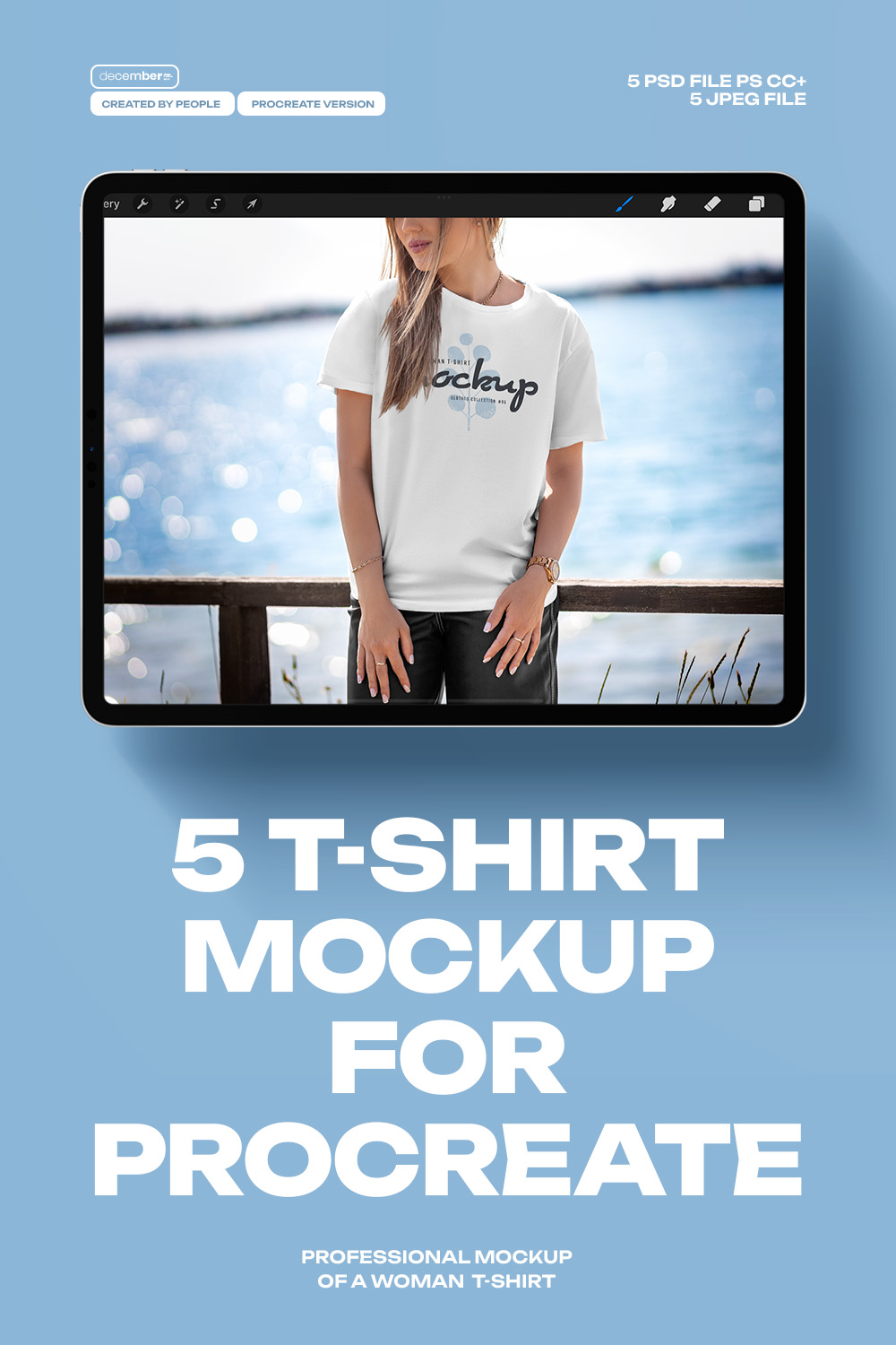 5 Mockups T-Shirt on a Girl in the Outdoor for Procreate on the iPad pinterest preview image.