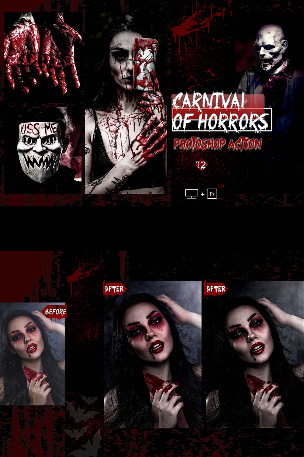 12 Photoshop Actions, Carnival Of Horrors Ps Action, Moody Halloween ACR Preset, Fall Filter, Lifestyle Theme For Instagram, Autumn Presets, Warm portrait pinterest preview image.