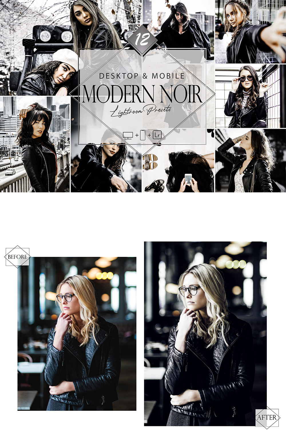 12 Modern Noir Lightroom Presets, Winter Fashion Preset, Monochromatic Desktop LR Filter, DNG Portrait Lifestyle, Top Theme, Autumn Blogger Instagram pinterest preview image.