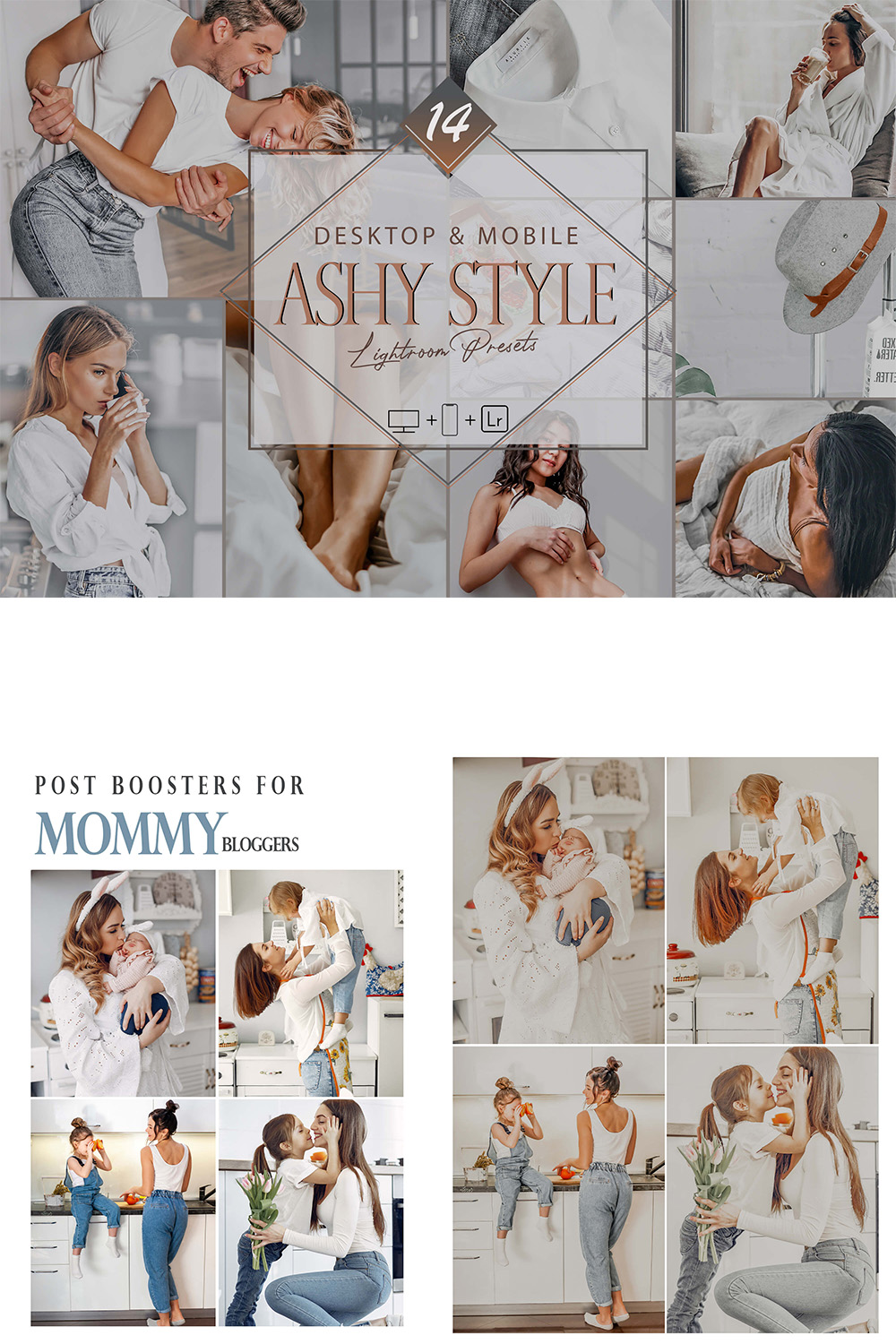 14 Ashy Style Lightroom Presets, Dove Mobile Preset, Bright Gray Desktop LR Filter DNG Portrait Lifestyle Theme Blogger Instagram Home pinterest preview image.