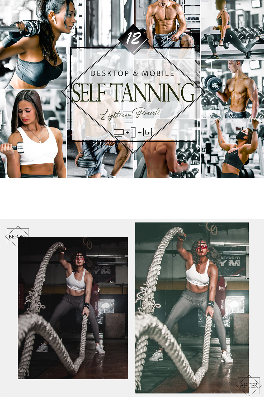 12 Self Tanning Lightroom Presets, Sunkissed Mobile Preset, Bronze Desktop LR Filter DNG Model Gym Theme Blogger Instagram Hue pinterest preview image.