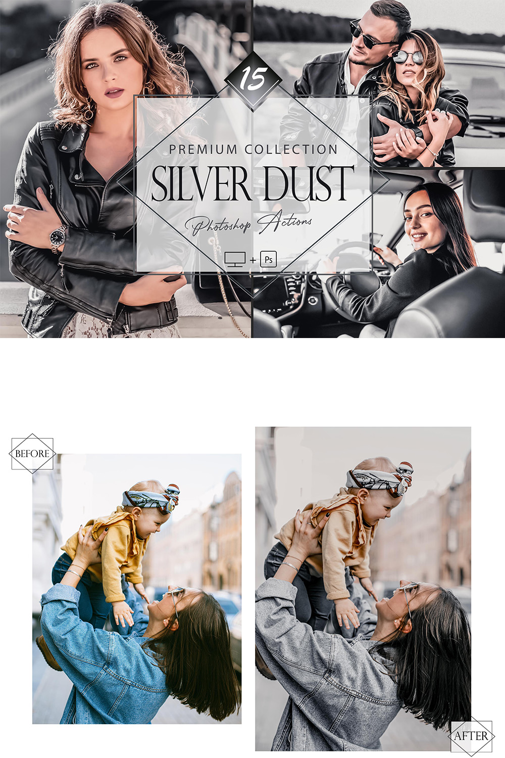 15 Silver Dust Photoshop Actions, Gray ACR Preset, Dove Ps Filter, Portrait And Lifestyle Theme For Instagram, Blogger, Outdoor pinterest preview image.