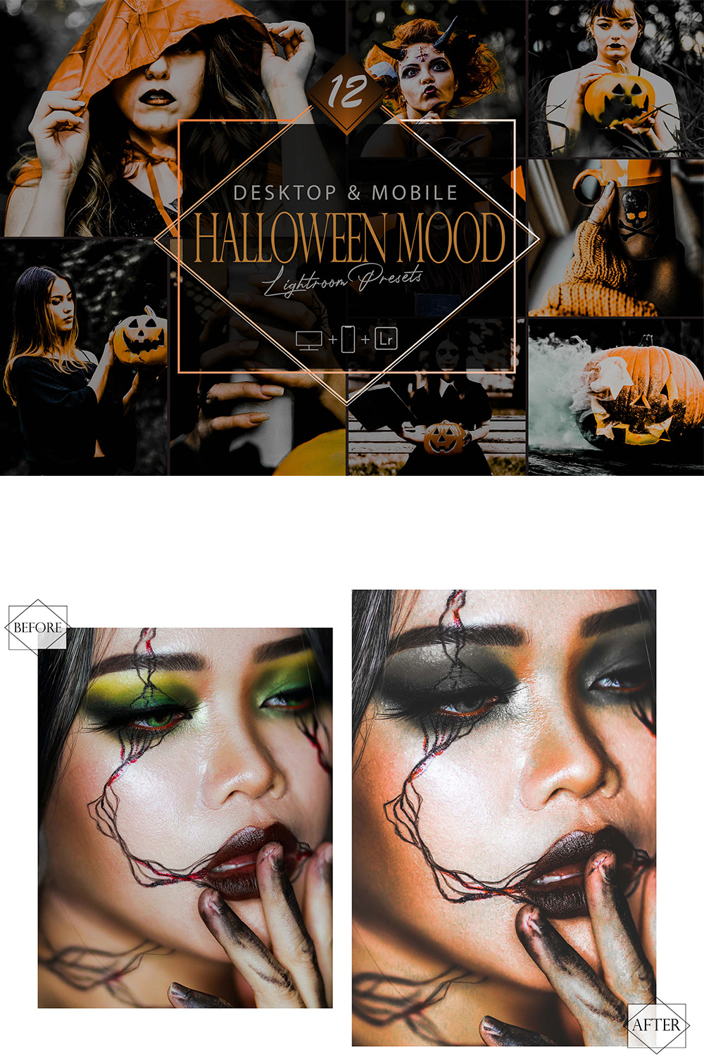 12 Halloween Mood Lightroom Presets, Smooky Mobile Preset, Moody Horror Desktop LR Filter DNG Portrait Lifestyle Theme Blogger Instagram Hue pinterest preview image.