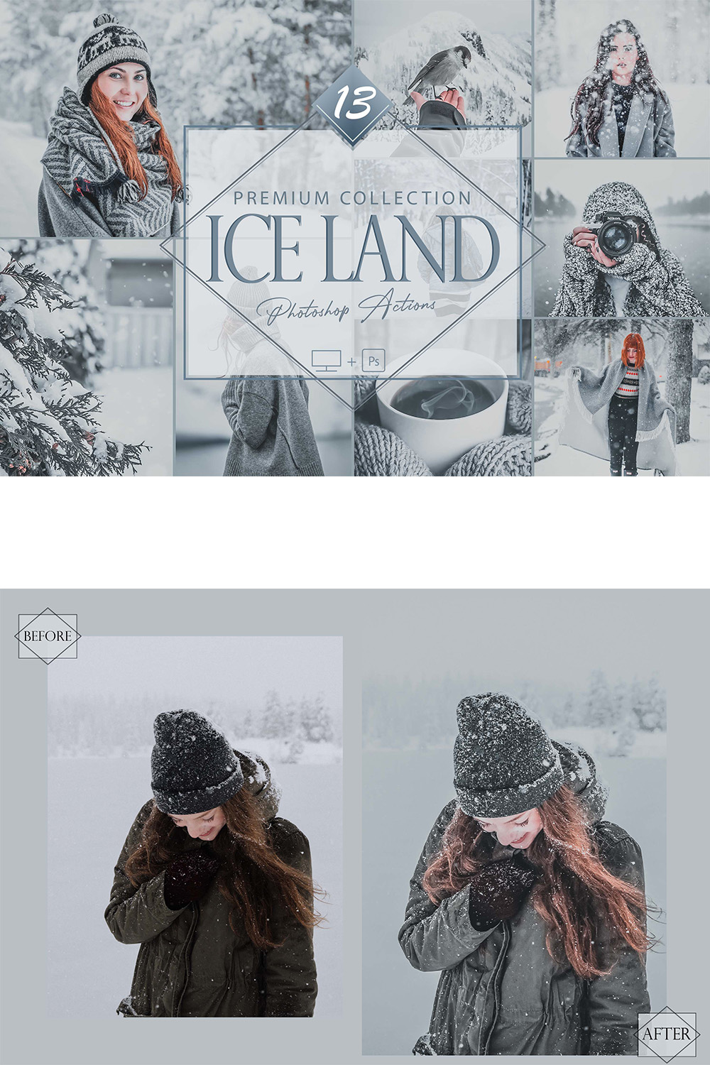 13 Ice Land Photoshop Actions, Winter ACR Preset, White Ps Filter, Portrait And Lifestyle Theme For Instagram, Blogger, Outdoor pinterest preview image.