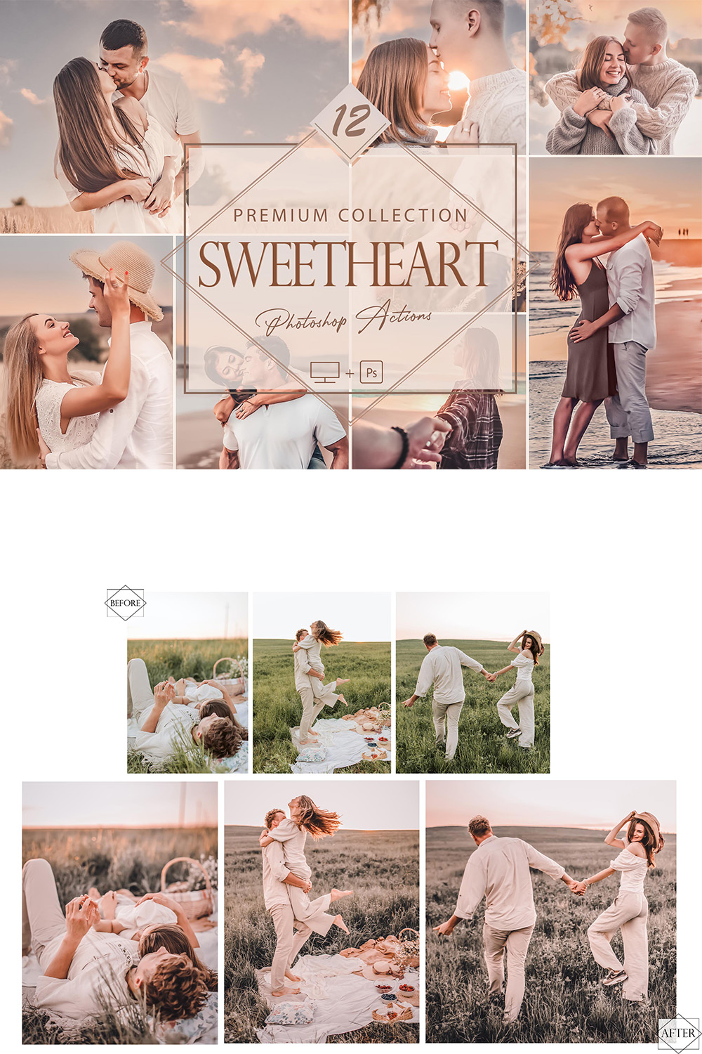 12 Sweetheart Photoshop Actions, Love ACR Preset, Romance Ps Filter, Portrait And Lifestyle Theme For Instagram, Blogger, Outdoor pinterest preview image.