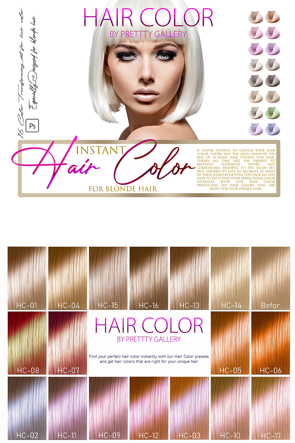 16 Hair Color Photoshop Actions, Beauty Blonde ACR Preset, Hairstyle girl Filter, Portrait And Lifestyle Theme For Instagram, Blogger, Outdoor pinterest preview image.