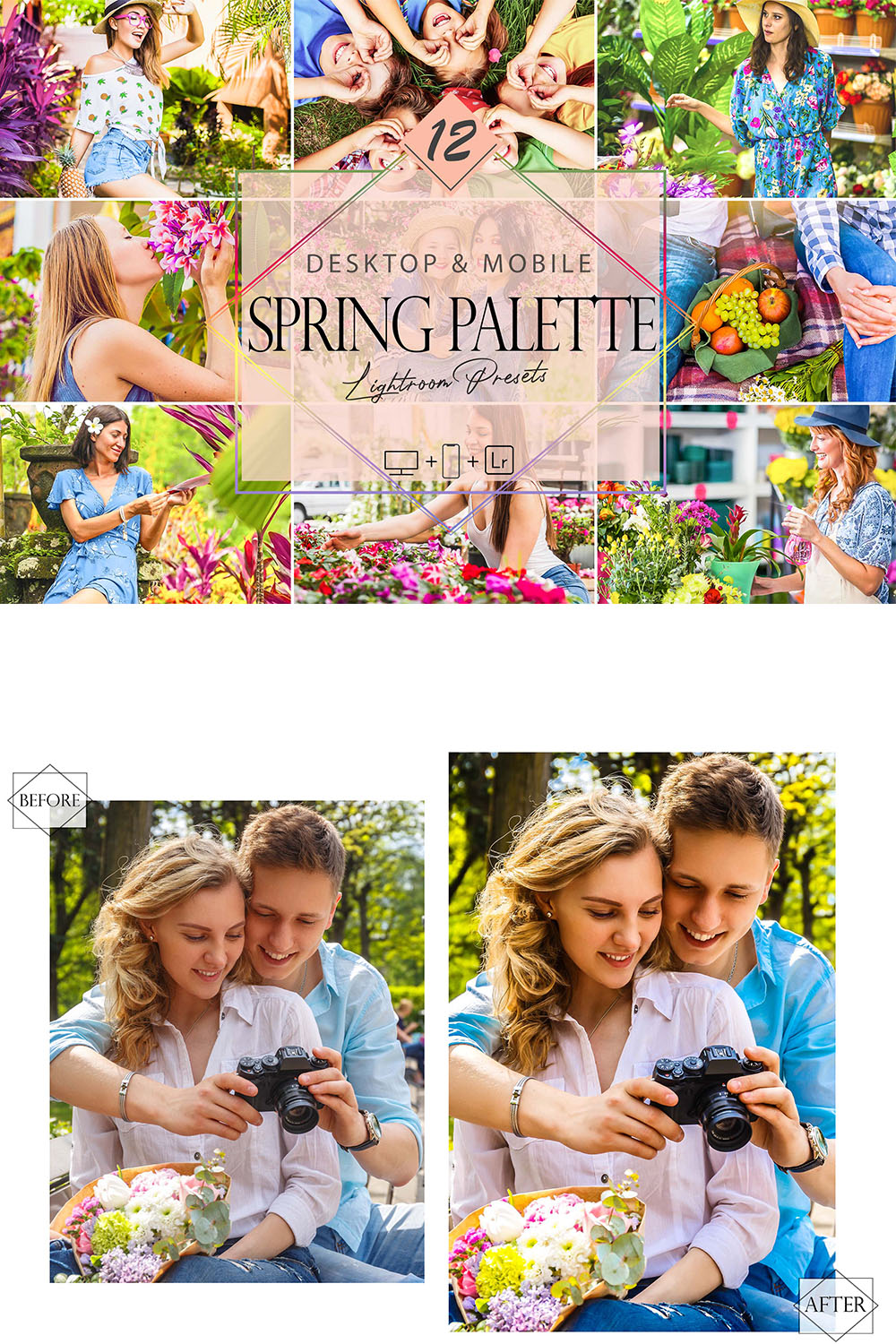 12 Spring Palette Lightroom Presets, Colorful Preset, Bright Desktop LR Filter, DNG Portrait Lifestyle, Top Theme, Blogger Instagram pinterest preview image.