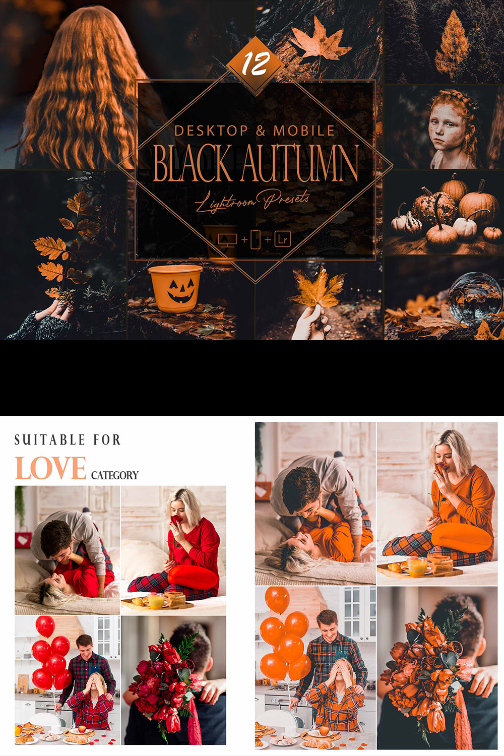 12 Black Autumn Lightroom Presets, Moody Fall Mobile Preset, Orange Desktop LR Filter DNG Portrait Lifestyle Top Theme Blogger Instagram pinterest preview image.