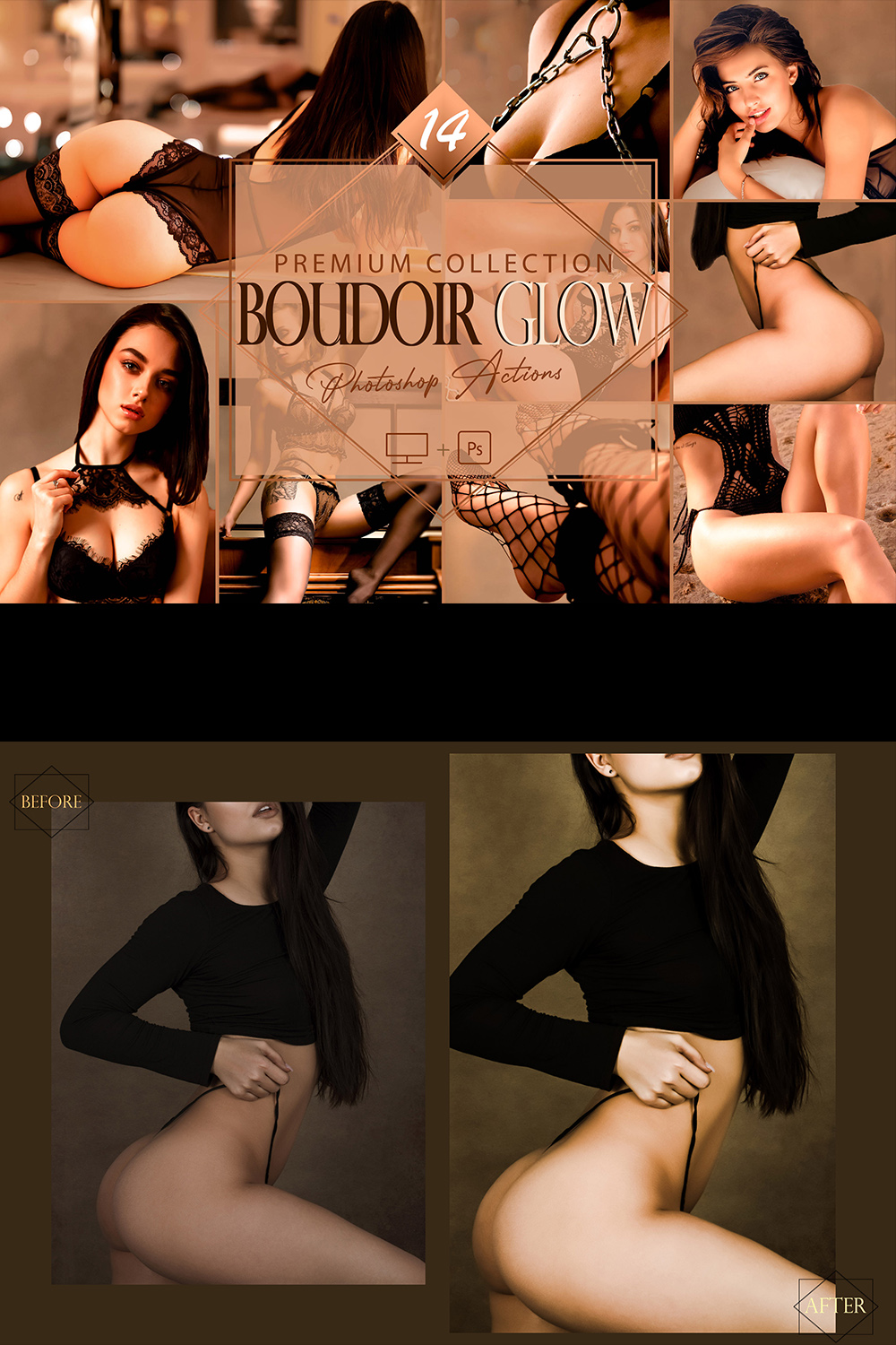 14 Boudoir Glow Photoshop Actions, Warm Sexy ACR Preset, foxy Cracker Filter, Portrait And Lifestyle Theme For Instagram, Blogger, Outdoor pinterest preview image.