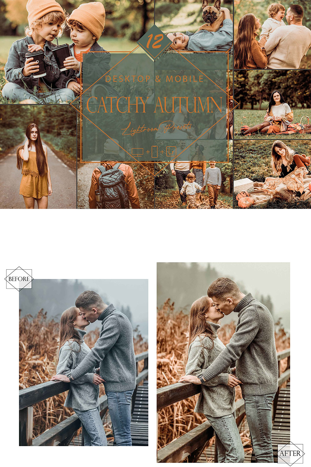 12 Catchy Autumn Lightroom Presets, Fall Preset, Moody Presets, Outdoor Desktop LR Filter, DNG Portrait Lifestyle, Top Theme, Blogger Instagram pinterest preview image.