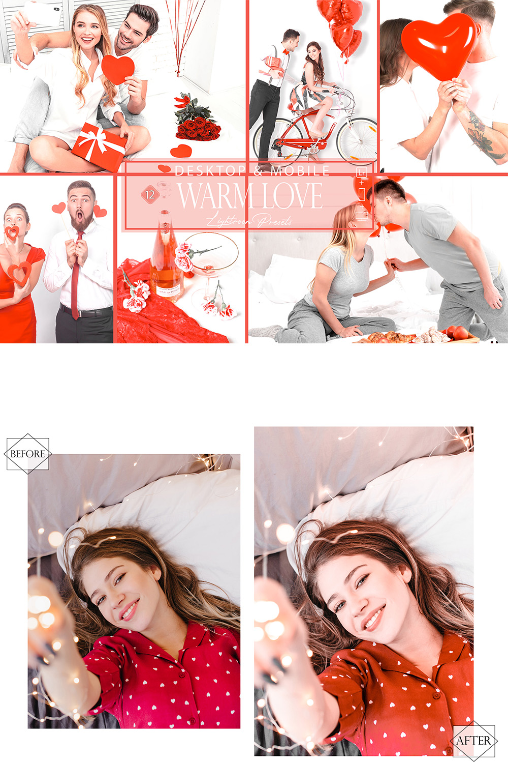12 Warm Love Lightroom Presets, White Red Preset, Bright Desktop LR Filter, DNG Portrait Lovely, Top Theme, Blog Instagram, Brilliant, Ruby pinterest preview image.