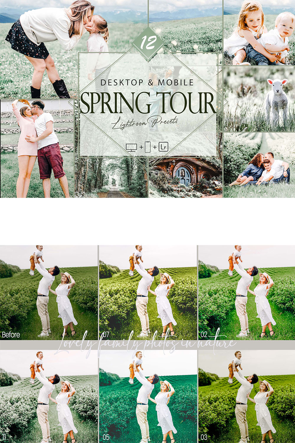 12 Spring Tour Lightroom Presets, Green Mobile Preset, Family Desktop LR Filter DNG Artist Garden Theme Blogger Instagram Hue pinterest preview image.