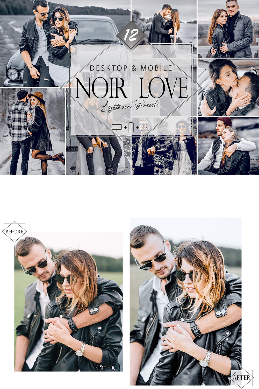 12 Noir Love Lightroom Presets, Gray Fashion Preset, Grey Romantic Desktop LR Filter, DNG Portrait Lifestyle, Top Theme, Blogger Instagram pinterest preview image.