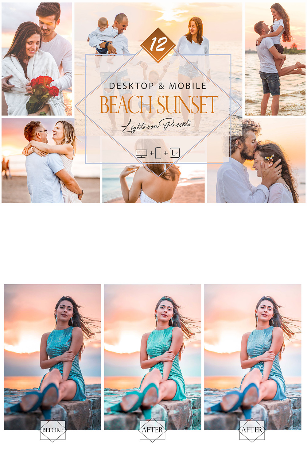 12 Beach Sunset Lightroom Presets, Sunrise Preset, Bright Desktop LR Filter, DNG Portrait Lifestyle, Top Theme, Spring Blogger Instagram pinterest preview image.