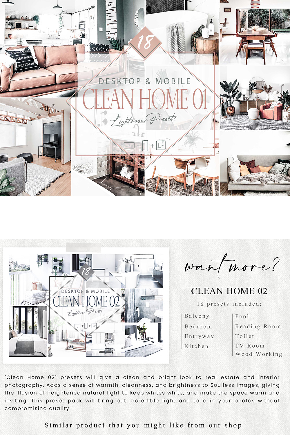 18 Clean Home 01 Lightroom Presets, Real Estate Preset, White House Desktop LR Filter, DNG Portrait Lifestyle, Top Theme, Autumn Blogger Instagram pinterest preview image.