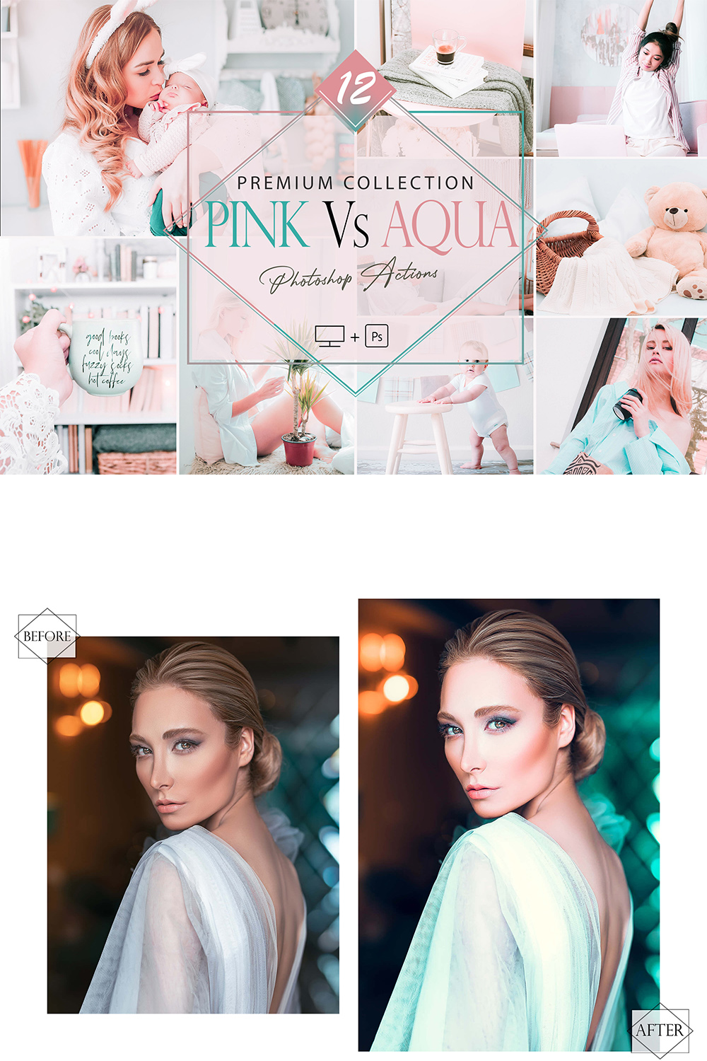 12 Pink Vs Aqua Photoshop Actions, Sweet ACR Preset, Bright Ps Filter, Portrait And Lifestyle Theme For Instagram, Blogger, Outdoor pinterest preview image.