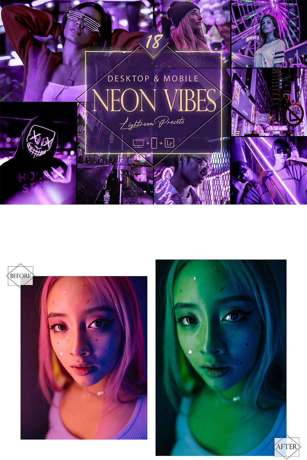 18 Neon Vibes Lightroom Presets, Urban Mobile Preset, Night Desktop LR Filter DNG Portrait Lifestyle Theme Moody Blogger Instagram pinterest preview image.