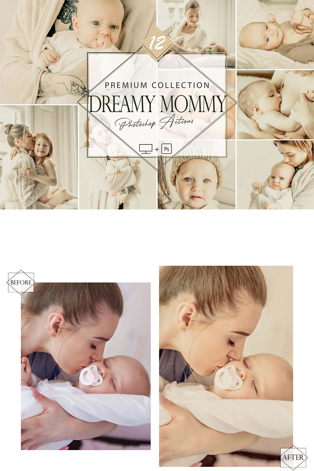 12 Dreamy Mommy Photoshop Actions, Motherhood ACR Preset, Family Filter, Portrait And Lifestyle Theme For Instagram, Blogger, Outdoor pinterest preview image.
