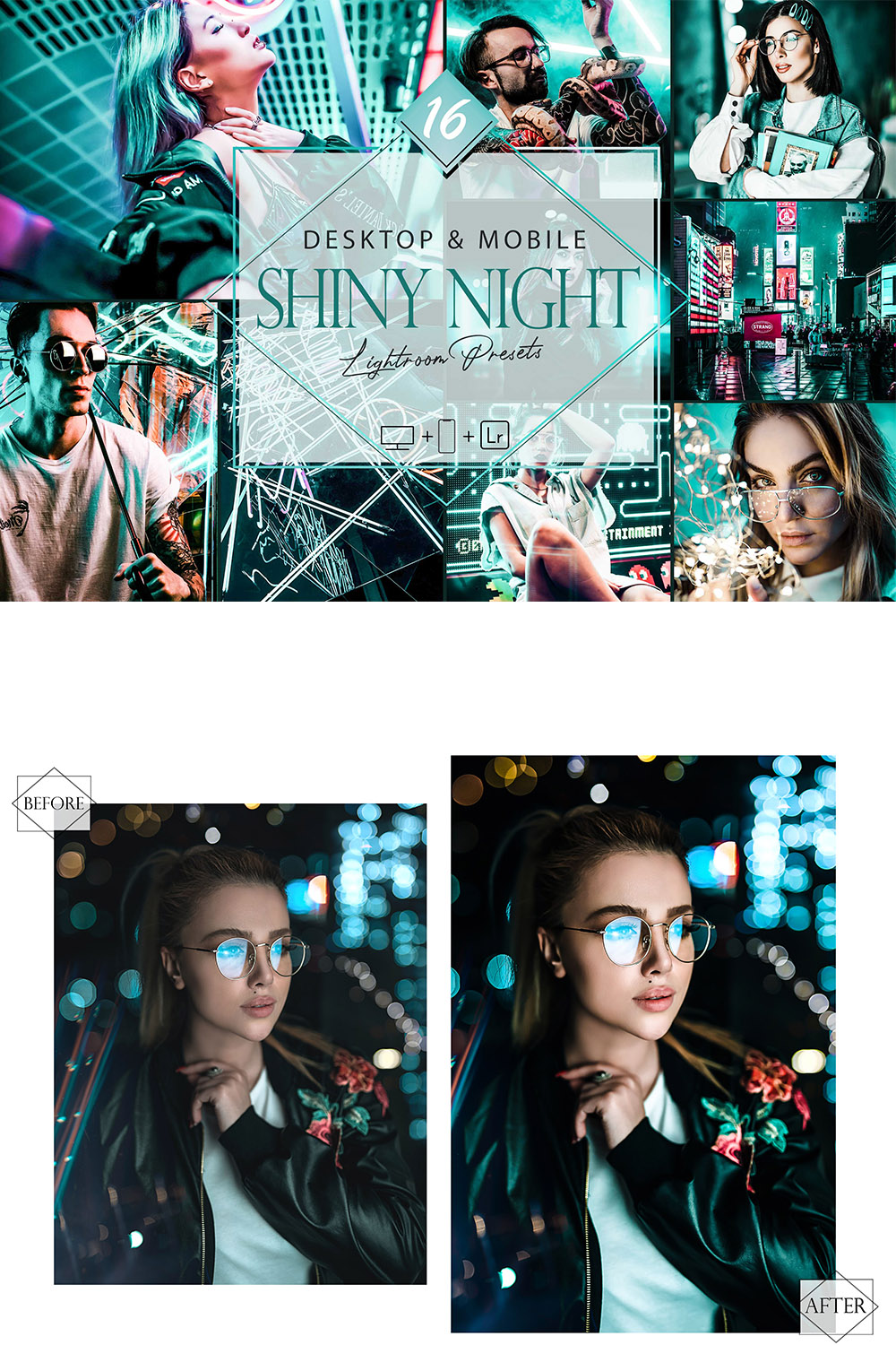 16 Shiny Night Lightroom Presets, Moody Preset, Street Desktop LR Filter, DNG Portrait Lifestyle, Neon Top Theme, Lights Blogger Instagram pinterest preview image.