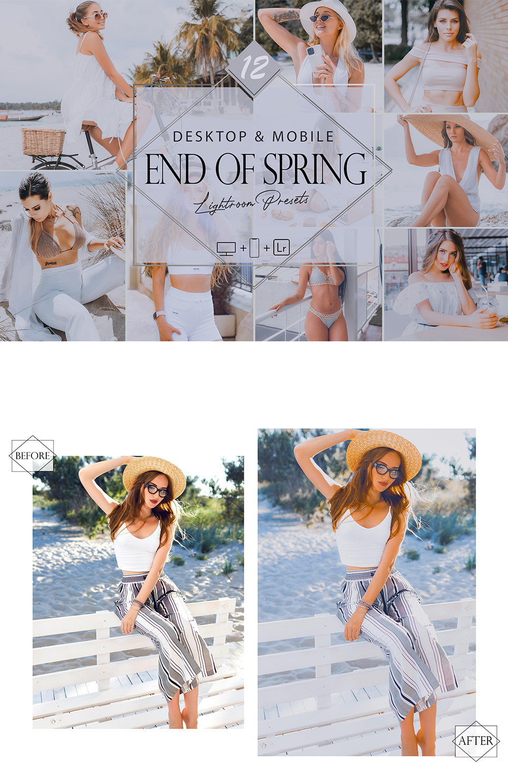 12 End Of Spring Lightroom Presets, Cold Landscape Preset, Cool Desktop LR Filter, DNG Portrait Lifestyle, Top Theme, Summer Blogger Instagram pinterest preview image.